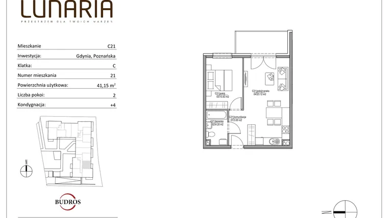 Rzut - Mieszkanie na sprzedaż 2 pokoje o powierzchni 40,96 m² - numer C21 w Lunaria