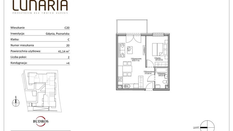 Rzut - Mieszkanie na sprzedaż 2 pokoje o powierzchni 41,09 m² - numer C20 w Lunaria