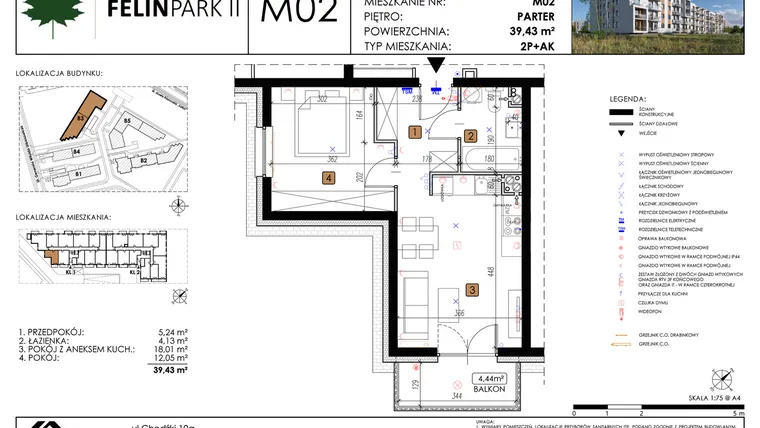Rzut - Mieszkanie na sprzedaż 2 pokoje o powierzchni 39,43 m² - numer M02 w Felin Park II etap 2