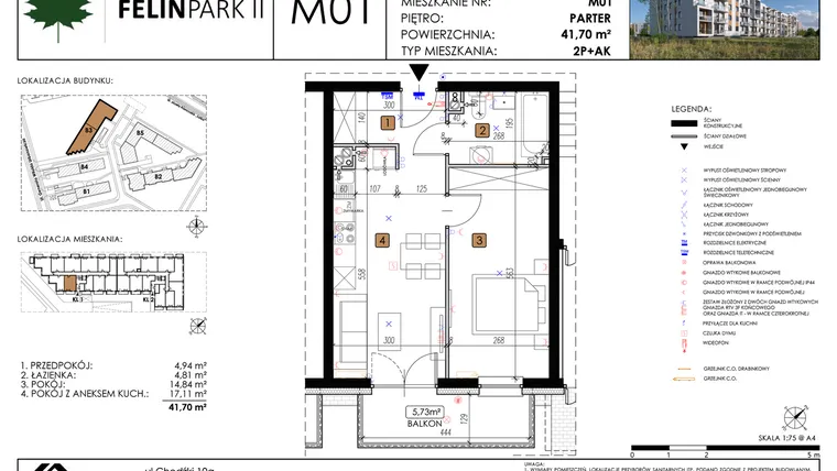Rzut - Mieszkanie na sprzedaż 2 pokoje o powierzchni 41,7 m² - numer M01 w Felin Park II etap 2