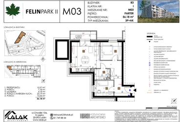 Rzut - Mieszkanie na sprzedaż 3 pokoje o powierzchni 56,18 m² - numer M03 w Felin Park II etap 2