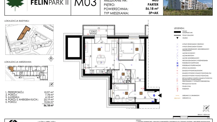 Rzut - Mieszkanie na sprzedaż 3 pokoje o powierzchni 56,18 m² - numer M03 w Felin Park II etap 2