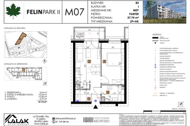 Rzut - Mieszkanie na sprzedaż 2 pokoje o powierzchni 37,76 m² - numer M07 w Felin Park II etap 2