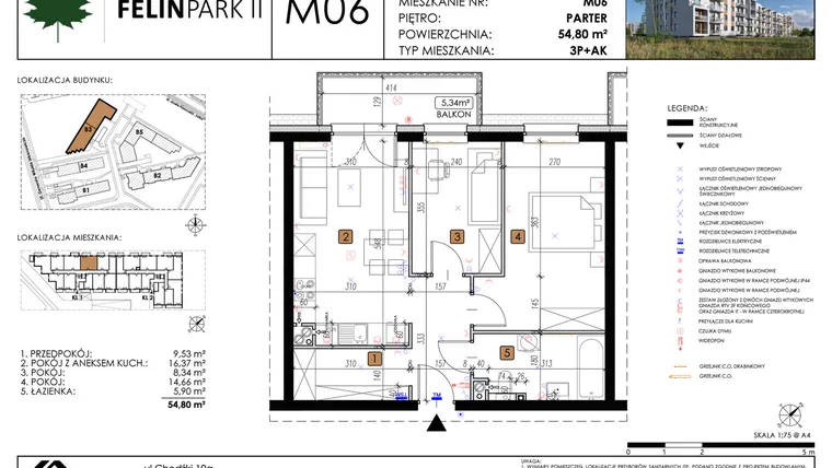 Rzut - Mieszkanie na sprzedaż 3 pokoje o powierzchni 54,8 m² - numer M06 w Felin Park II etap 2