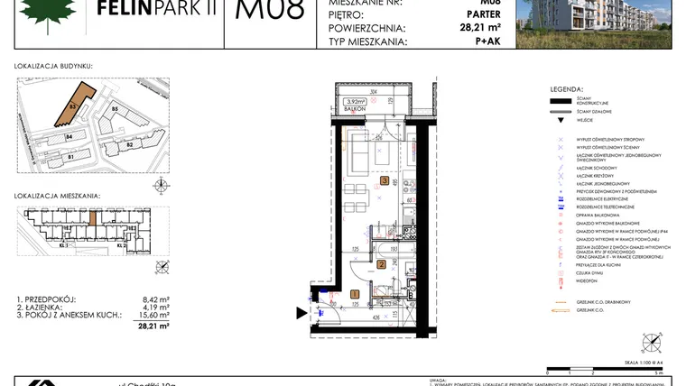 Rzut - Mieszkanie na sprzedaż 1 pokój o powierzchni 28,32 m² - numer M08 w Felin Park II etap 2