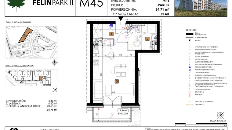 Rzut - Mieszkanie na sprzedaż 1 pokój o powierzchni 34,71 m² - numer M45 w Felin Park II etap 2