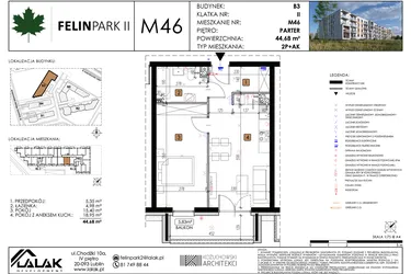 Rzut - Mieszkanie na sprzedaż 2 pokoje o powierzchni 44,7 m² - numer M46 w Felin Park II etap 2