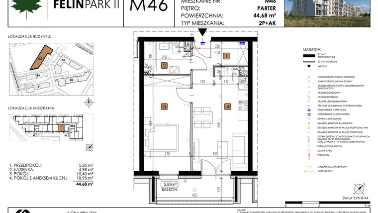 Rzut - Mieszkanie na sprzedaż 2 pokoje o powierzchni 44,7 m² - numer M46 w Felin Park II etap 2