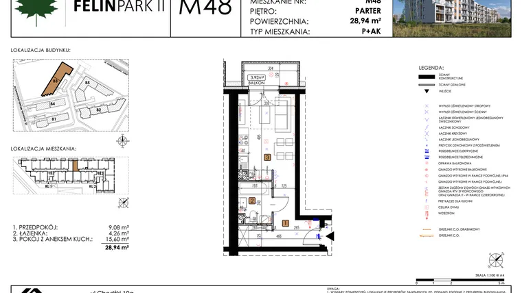Rzut - Mieszkanie na sprzedaż 1 pokój o powierzchni 28,94 m² - numer M48 w Felin Park II etap 2