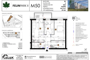 Rzut - Mieszkanie na sprzedaż 3 pokoje o powierzchni 54,12 m² - numer M50 w Felin Park II etap 2
