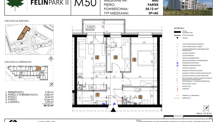 Rzut - Mieszkanie na sprzedaż 3 pokoje o powierzchni 54,12 m² - numer M50 w Felin Park II etap 2