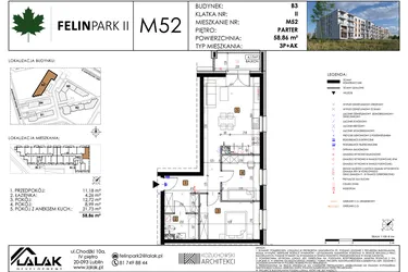 Rzut - Mieszkanie na sprzedaż 3 pokoje o powierzchni 58,86 m² - numer M52 w Felin Park II etap 2