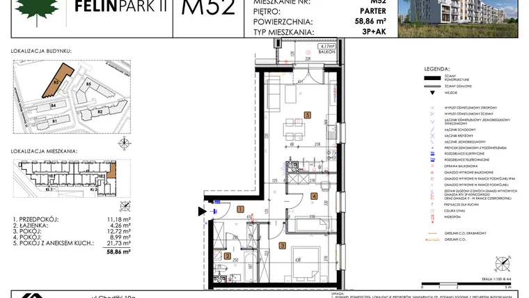 Rzut - Mieszkanie na sprzedaż 3 pokoje o powierzchni 58,86 m² - numer M52 w Felin Park II etap 2