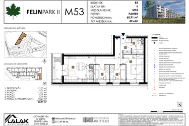 Rzut - Mieszkanie na sprzedaż 4 pokoje o powierzchni 60,94 m² - numer M53 w Felin Park II etap 2