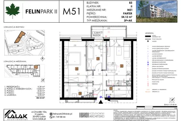 Rzut - Mieszkanie na sprzedaż 3 pokoje o powierzchni 54,12 m² - numer M51 w Felin Park II etap 2