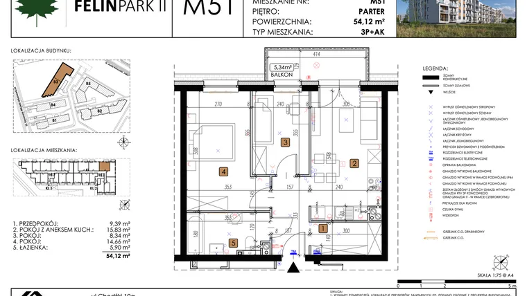 Rzut - Mieszkanie na sprzedaż 3 pokoje o powierzchni 54,12 m² - numer M51 w Felin Park II etap 2