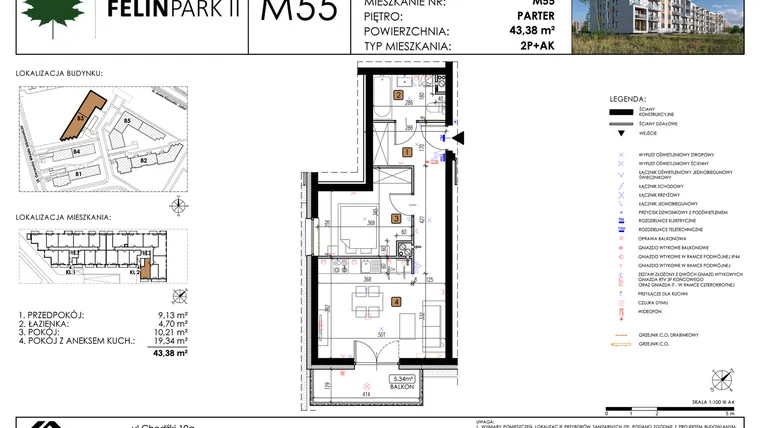 Rzut - Mieszkanie na sprzedaż 2 pokoje o powierzchni 43,45 m² - numer M55 w Felin Park II etap 2