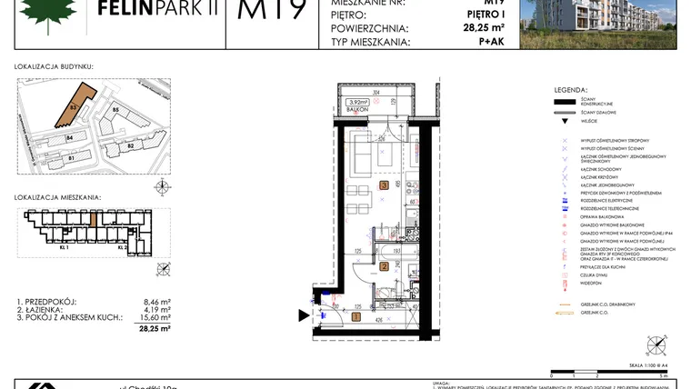 Rzut - Mieszkanie na sprzedaż 1 pokój o powierzchni 28,32 m² - numer M19 w Felin Park II etap 2