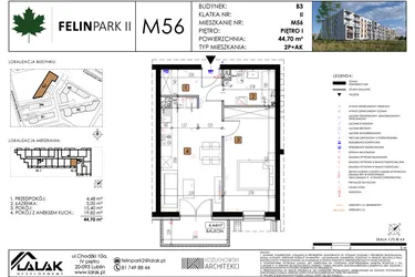 Rzut - Mieszkanie na sprzedaż 2 pokoje o powierzchni 44,7 m² - numer M56 w Felin Park II etap 2