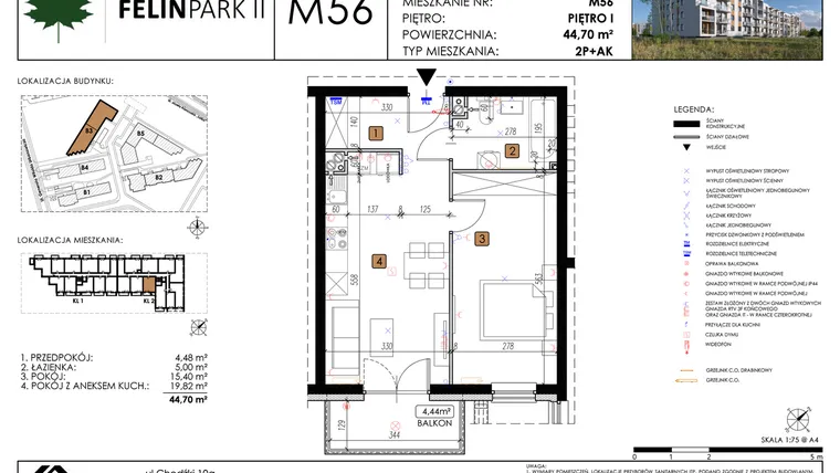 Rzut - Mieszkanie na sprzedaż 2 pokoje o powierzchni 44,7 m² - numer M56 w Felin Park II etap 2