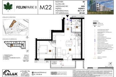 Rzut - Mieszkanie na sprzedaż 2 pokoje o powierzchni 43,11 m² - numer M22 w Felin Park II etap 2