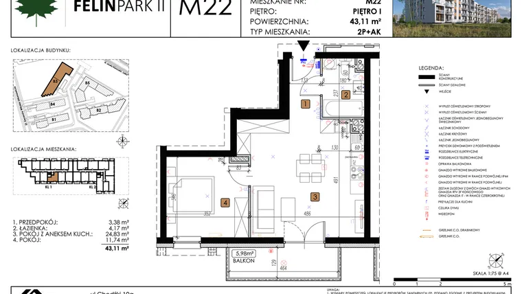 Rzut - Mieszkanie na sprzedaż 2 pokoje o powierzchni 43,11 m² - numer M22 w Felin Park II etap 2
