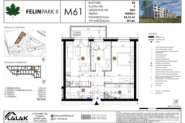 Rzut - Mieszkanie na sprzedaż 3 pokoje o powierzchni 54,12 m² - numer M61 w Felin Park II etap 2