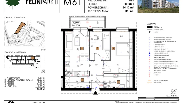 Rzut - Mieszkanie na sprzedaż 3 pokoje o powierzchni 54,12 m² - numer M61 w Felin Park II etap 2