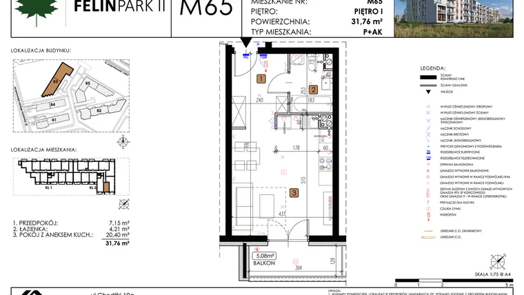 Rzut - Mieszkanie na sprzedaż 1 pokój o powierzchni 31,81 m² - numer M65 w Felin Park II etap 2