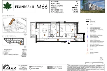 Rzut - Mieszkanie na sprzedaż 3 pokoje o powierzchni 55,82 m² - numer M66 w Felin Park II etap 2