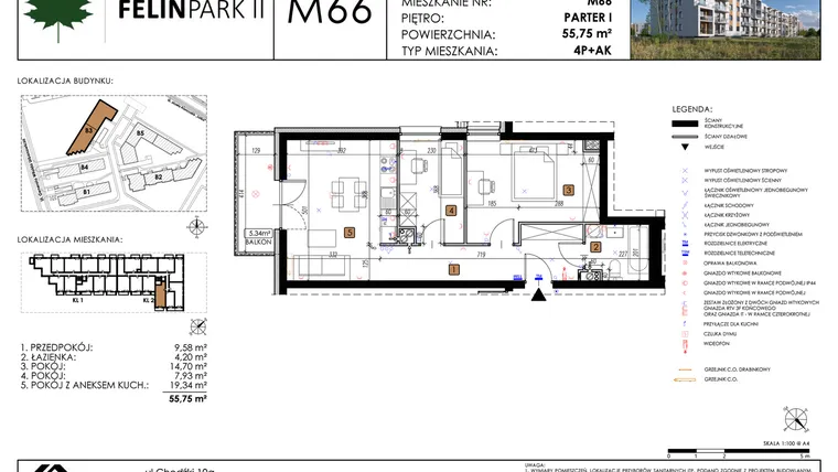 Rzut - Mieszkanie na sprzedaż 3 pokoje o powierzchni 55,82 m² - numer M66 w Felin Park II etap 2