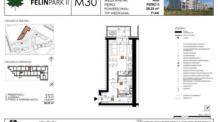 Rzut - Mieszkanie na sprzedaż 1 pokój o powierzchni 28,32 m² - numer M30 w Felin Park II etap 2