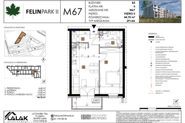 Rzut - Mieszkanie na sprzedaż 2 pokoje o powierzchni 44,7 m² - numer M67 w Felin Park II etap 2