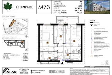 Rzut - Mieszkanie na sprzedaż 3 pokoje o powierzchni 54,12 m² - numer M73 w Felin Park II etap 2