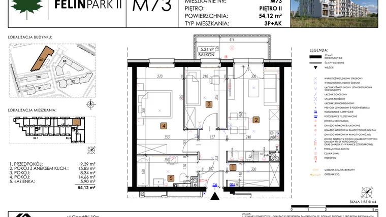 Rzut - Mieszkanie na sprzedaż 3 pokoje o powierzchni 54,12 m² - numer M73 w Felin Park II etap 2