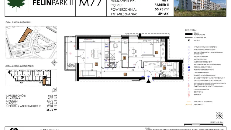 Rzut - Mieszkanie na sprzedaż 3 pokoje o powierzchni 55,82 m² - numer M77 w Felin Park II etap 2