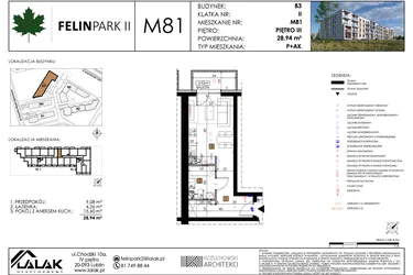 Rzut - Mieszkanie na sprzedaż 1 pokój o powierzchni 28,94 m² - numer M81 w Felin Park II etap 2