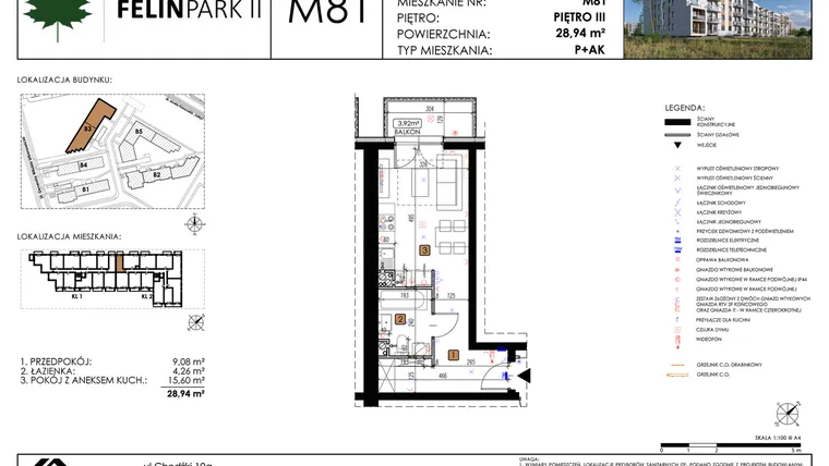 Rzut - Mieszkanie na sprzedaż 1 pokój o powierzchni 28,94 m² - numer M81 w Felin Park II etap 2