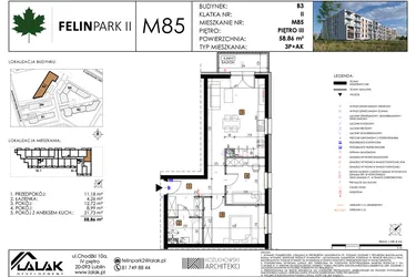 Rzut - Mieszkanie na sprzedaż 3 pokoje o powierzchni 58,86 m² - numer M85 w Felin Park II etap 2
