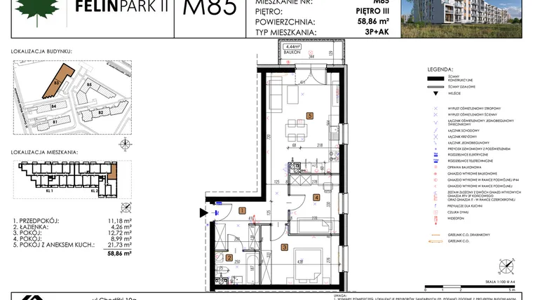 Rzut - Mieszkanie na sprzedaż 3 pokoje o powierzchni 58,86 m² - numer M85 w Felin Park II etap 2