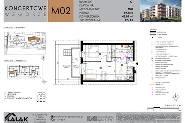 Rzut - Mieszkanie na sprzedaż 2 pokoje o powierzchni 43,84 m² - numer C1_M2/P w Koncertowe Wzgórze etap II