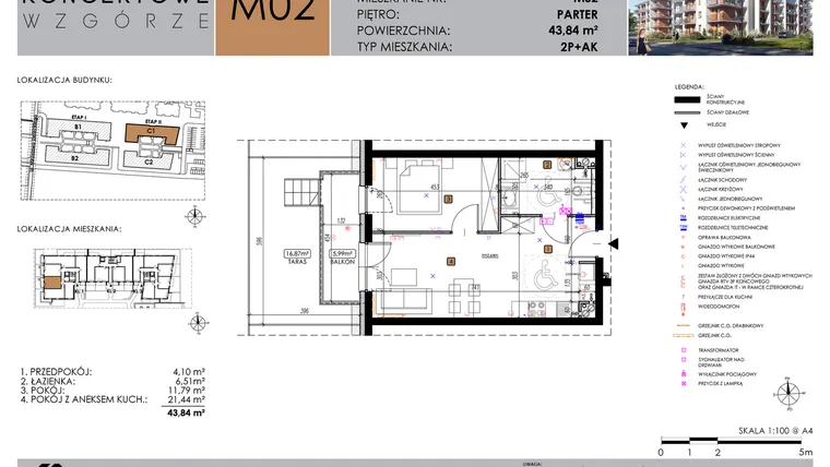 Rzut - Mieszkanie na sprzedaż 2 pokoje o powierzchni 43,84 m² - numer C1_M2/P w Koncertowe Wzgórze etap II
