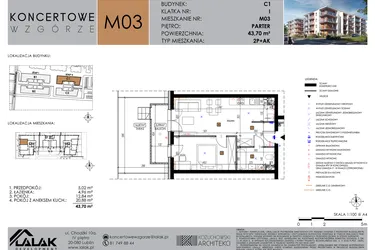 Rzut - Mieszkanie na sprzedaż 2 pokoje o powierzchni 43,7 m² - numer C1_M3/P w Koncertowe Wzgórze etap II
