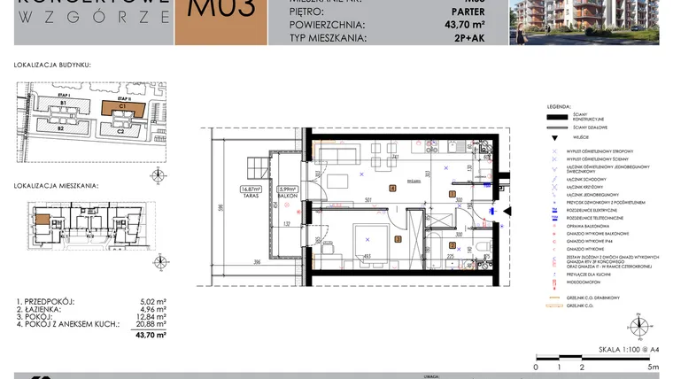 Rzut - Mieszkanie na sprzedaż 2 pokoje o powierzchni 43,7 m² - numer C1_M3/P w Koncertowe Wzgórze etap II