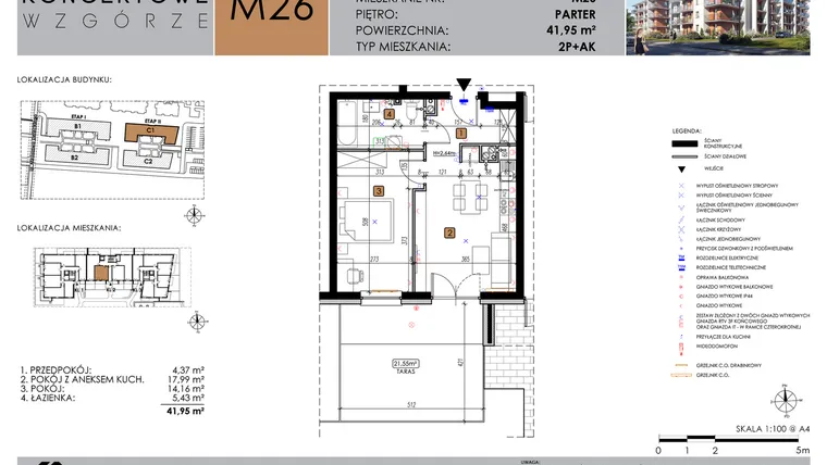 Rzut - Mieszkanie na sprzedaż 2 pokoje o powierzchni 41,95 m² - numer C1_M26/P w Koncertowe Wzgórze etap II