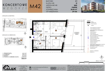 Rzut - Mieszkanie na sprzedaż 2 pokoje o powierzchni 34,46 m² - numer C1_M42/P w Koncertowe Wzgórze etap II