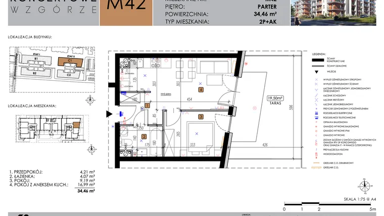 Rzut - Mieszkanie na sprzedaż 2 pokoje o powierzchni 34,46 m² - numer C1_M42/P w Koncertowe Wzgórze etap II