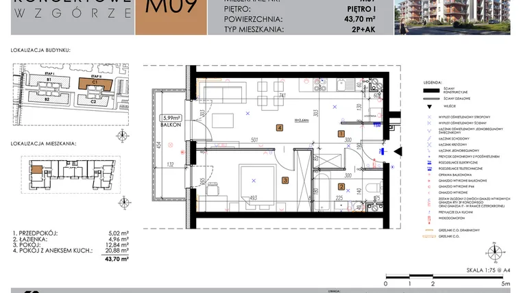 Rzut - Mieszkanie na sprzedaż 2 pokoje o powierzchni 43,7 m² - numer C1_M9/I w Koncertowe Wzgórze etap II
