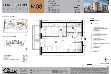Rzut - Mieszkanie na sprzedaż 2 pokoje o powierzchni 43,7 m² - numer C1_M8/I w Koncertowe Wzgórze etap II