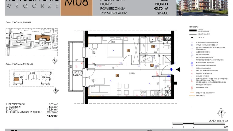 Rzut - Mieszkanie na sprzedaż 2 pokoje o powierzchni 43,7 m² - numer C1_M8/I w Koncertowe Wzgórze etap II